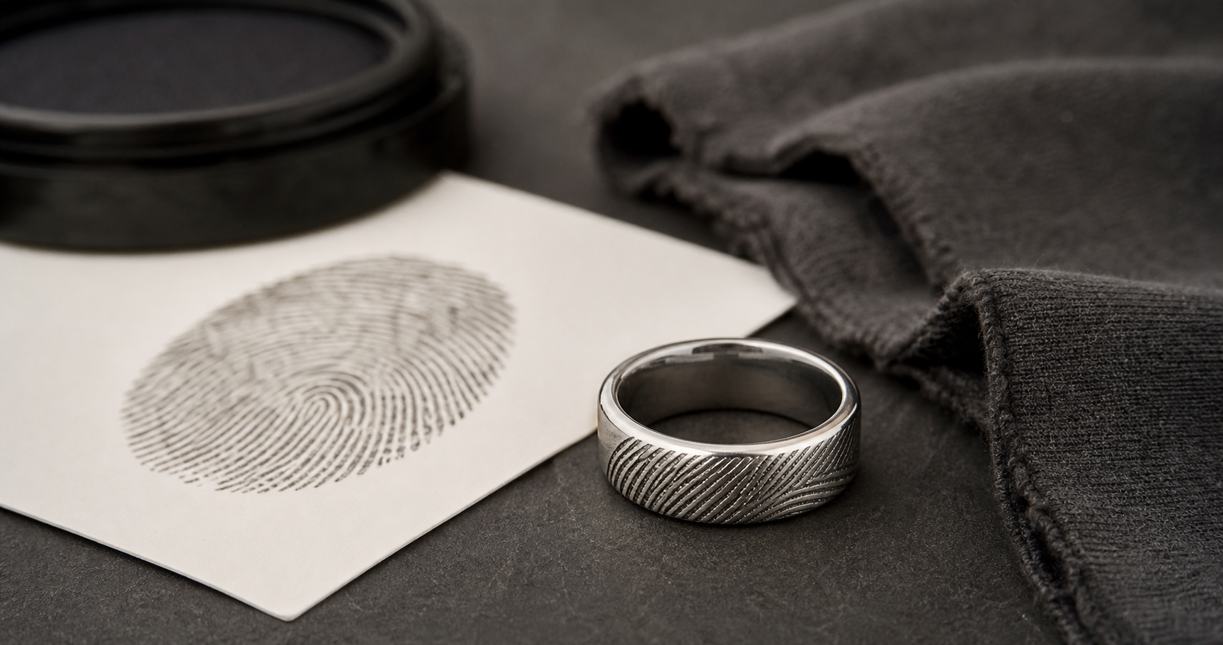 Thumbprint Rings product photo with a silver fingerprint ring and clean print card